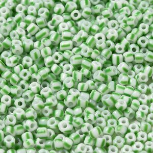 Stribede Rocailles perler, White/Green 3~4,5×3~4,5mm (20 g)